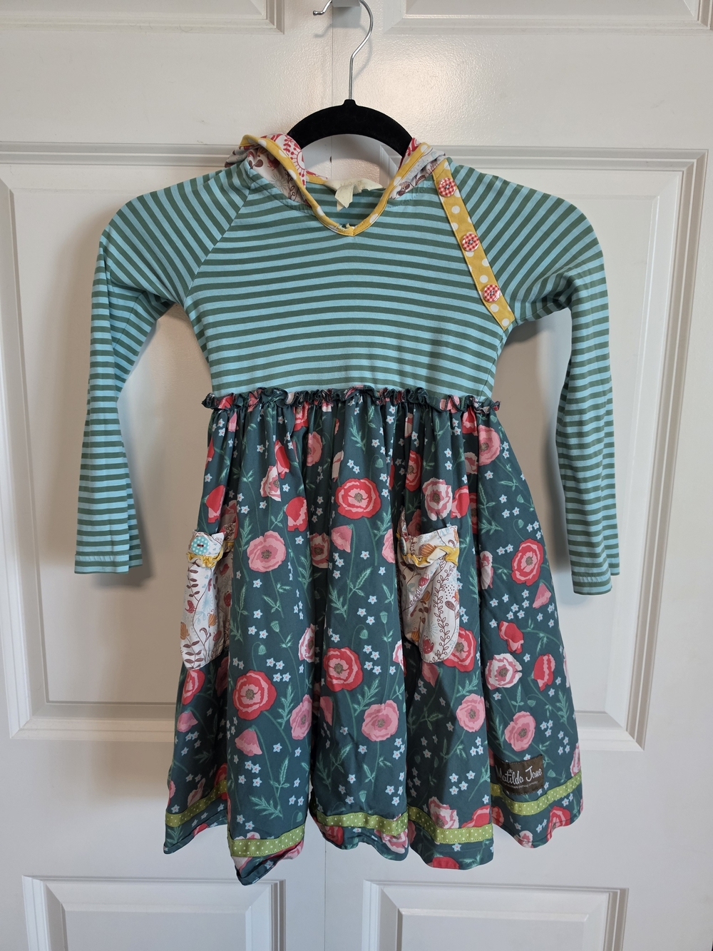Matilda Jane Teal Striped Hooded Dress with Floral Skirt floral buttons